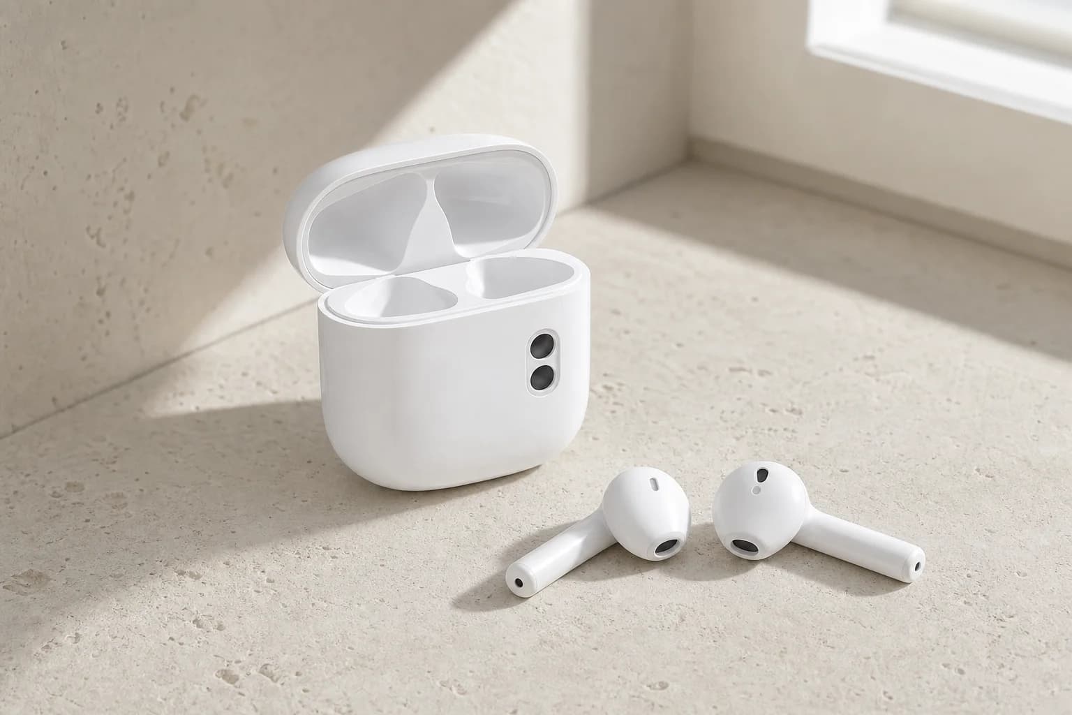Air 3 / Pro 3 earbuds and case in soft natural light