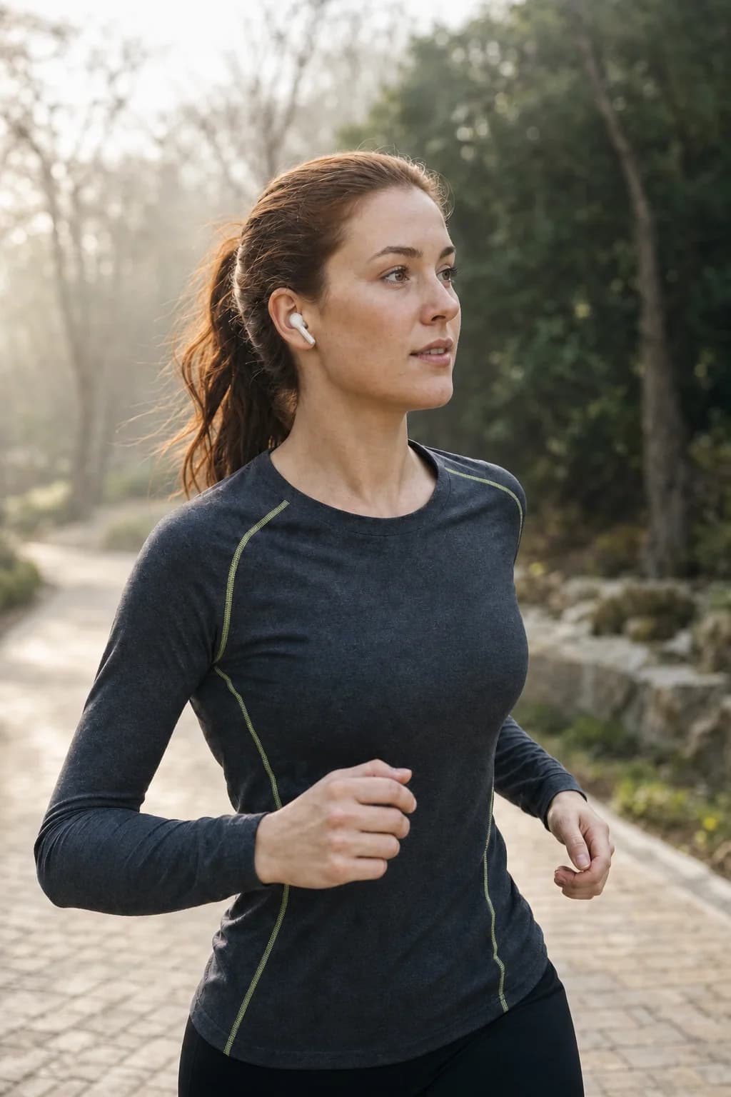 Woman wearing white earbuds while jogging along a quiet park path
