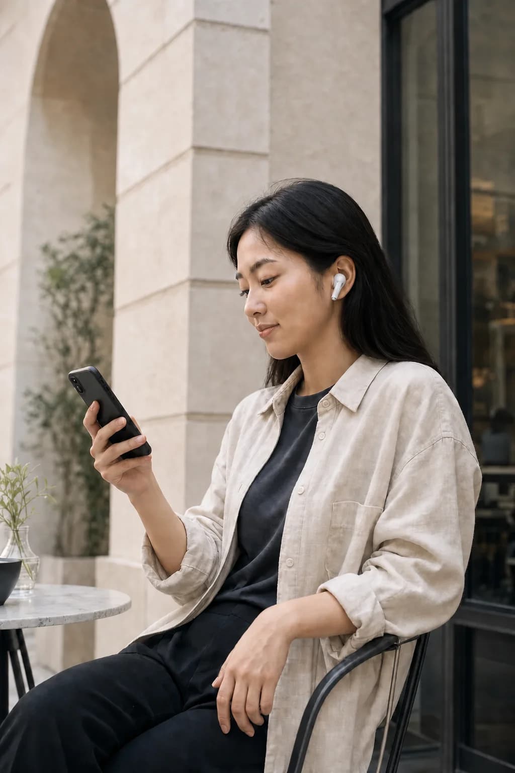 Woman wearing white earbuds while using her phone outside a cafe